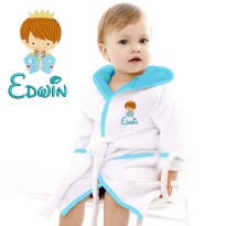 Baby and Toddler Cute Prince Charming Baby Design Embroidered Hooded Bathrobe in Contrast Color 100% Cotton